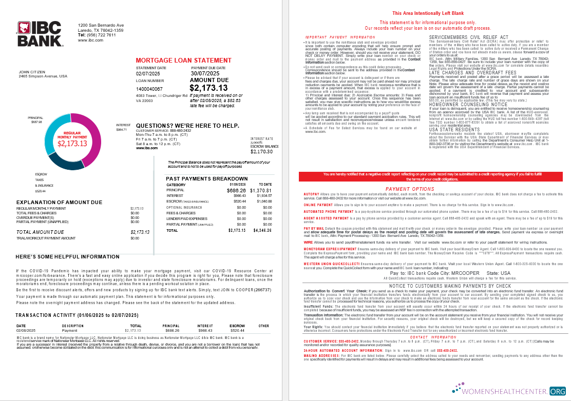 Download USA Texas IBC bank mortgage loan statement in Word and PDF formats , 4 pages 1 2 Photoshop template